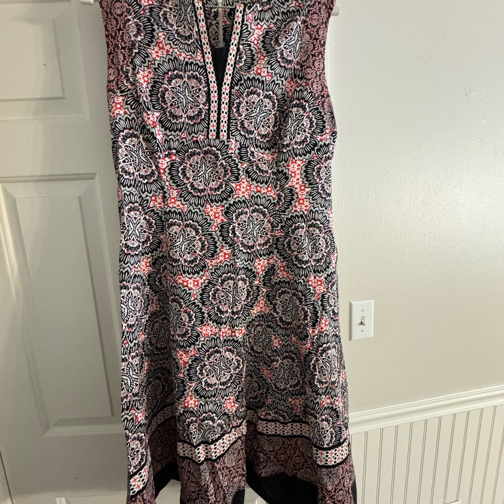 Maggy London Monochrome Floral Dress with Red Accents